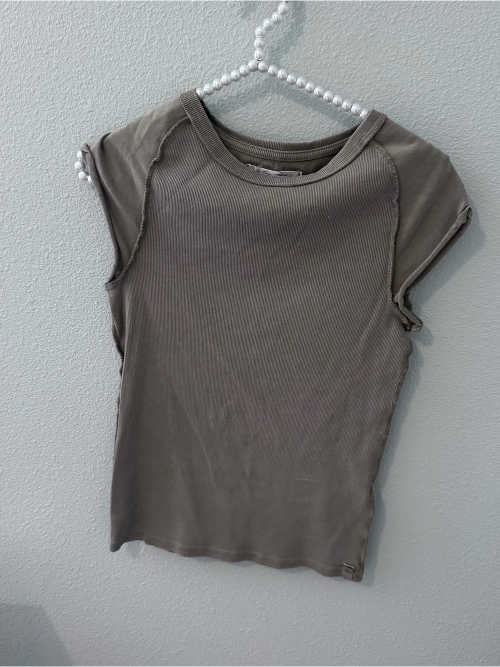 Free People Olive Ribbed Cap Sleeve Tee